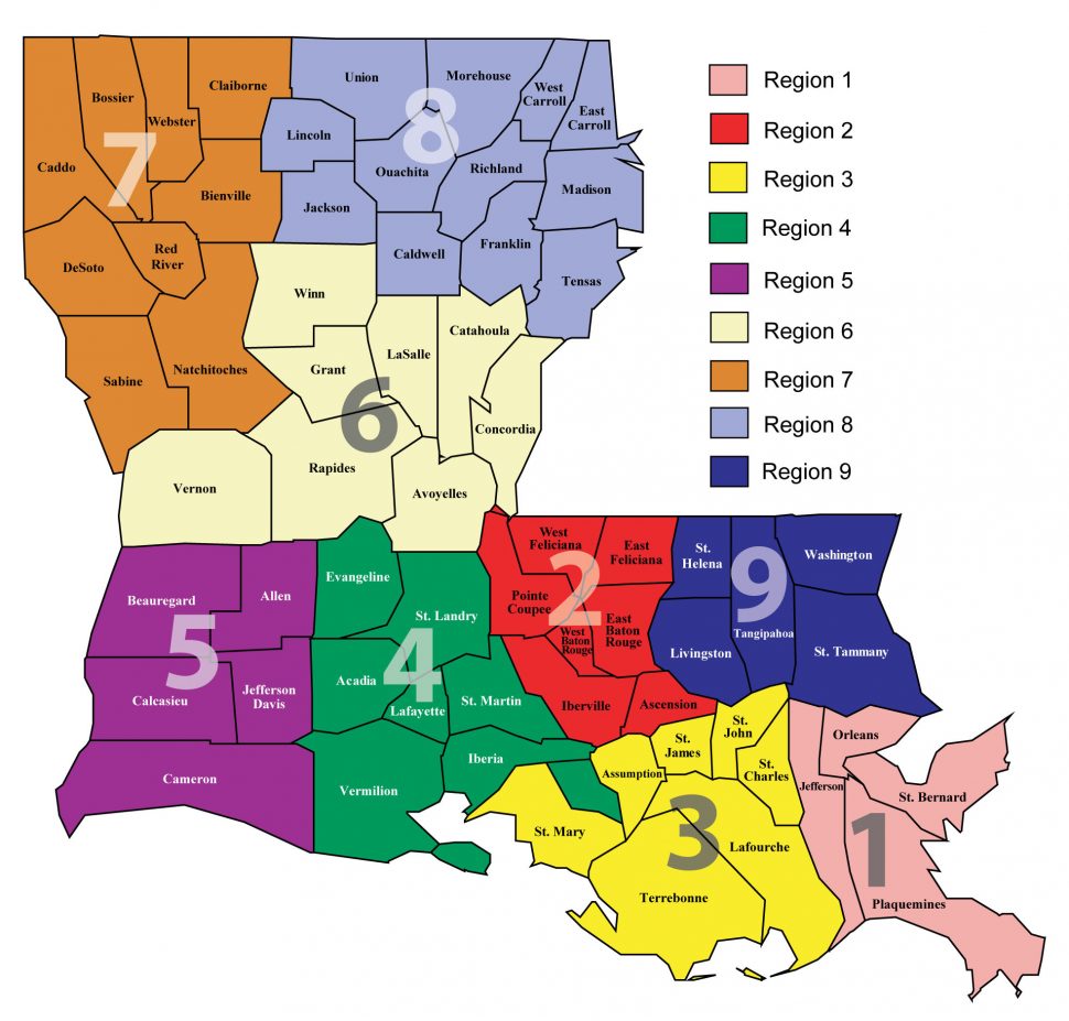 A colored map of Louisiana shows the state's nine health regions